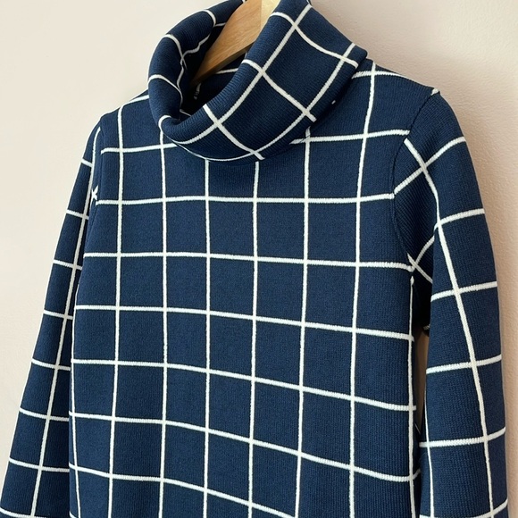 J Crew Funnel Neck Pullover Fleece Lined Windowpane Sweater Women's Small Navy - Picture 7 of 12